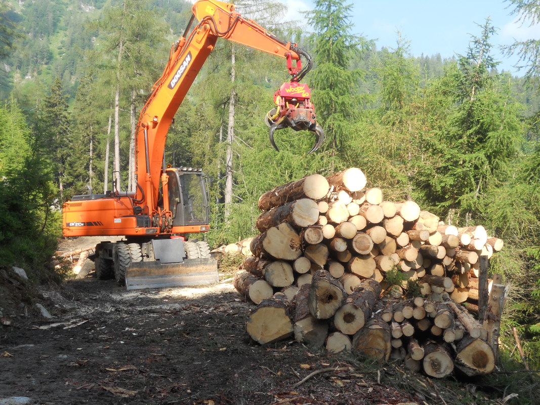 Baggerprozessor arbeitet das Holz auf der Forststraße auf